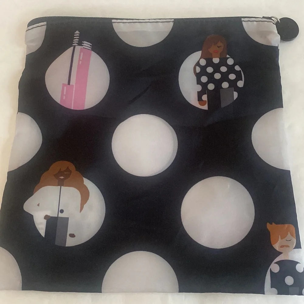 SEPHORA Cosmetics Bag Black Polka Dotted Nylon 8”x8” NWOT